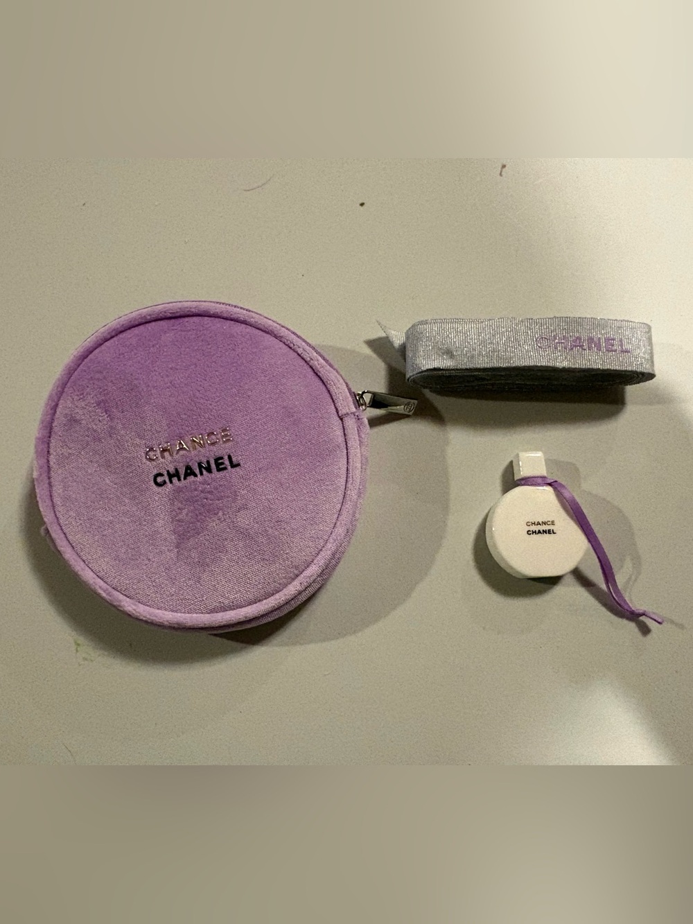 Chance Lavender Round Pouch, Chance Charm & Chanel Ribbon Set NWOT | Rare